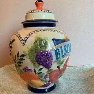Vintage ceramic pottery hand painted fruit biscotti cookie jar decor farmhouse